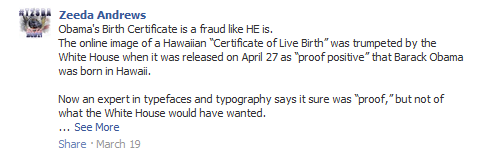 Facebook comment saying Obama's birth certificate is a fraud.