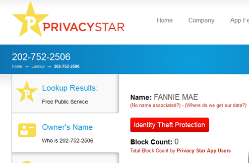 Privacy Star link showing phone 202-752-2506 belonging to Fannie Mae