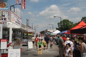 Street scene showing Lymanfest vendors